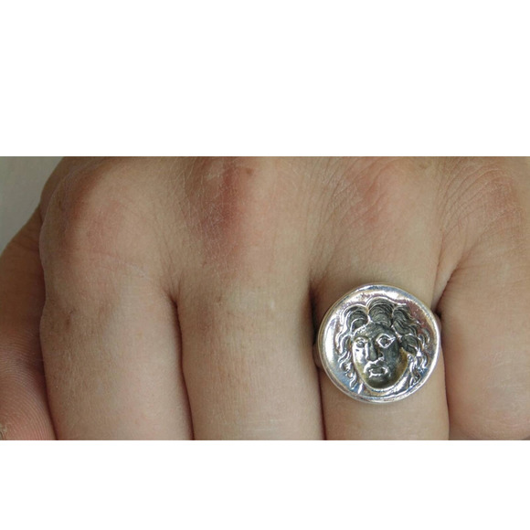 Men Signet Stamp Seal Rhode Coin Helios Colossus Artisan Sterling Silver Ring - Picture 1 of 5